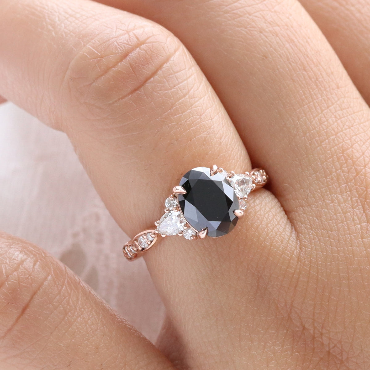 3 Stone Black Diamond Ring Gold Oval Black Diamond Three Stone 