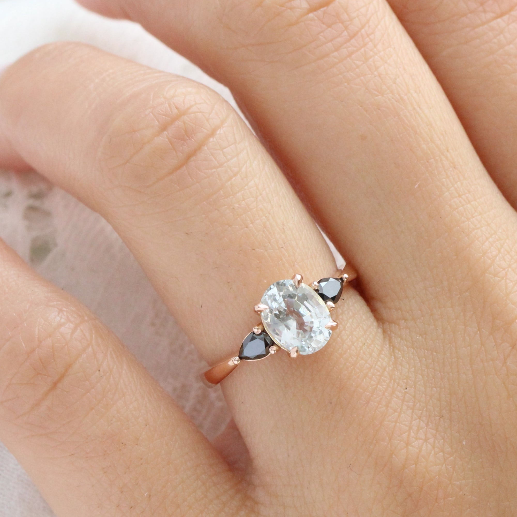 Oval White Sapphire Stone Ring Rose Gold with Pear Black