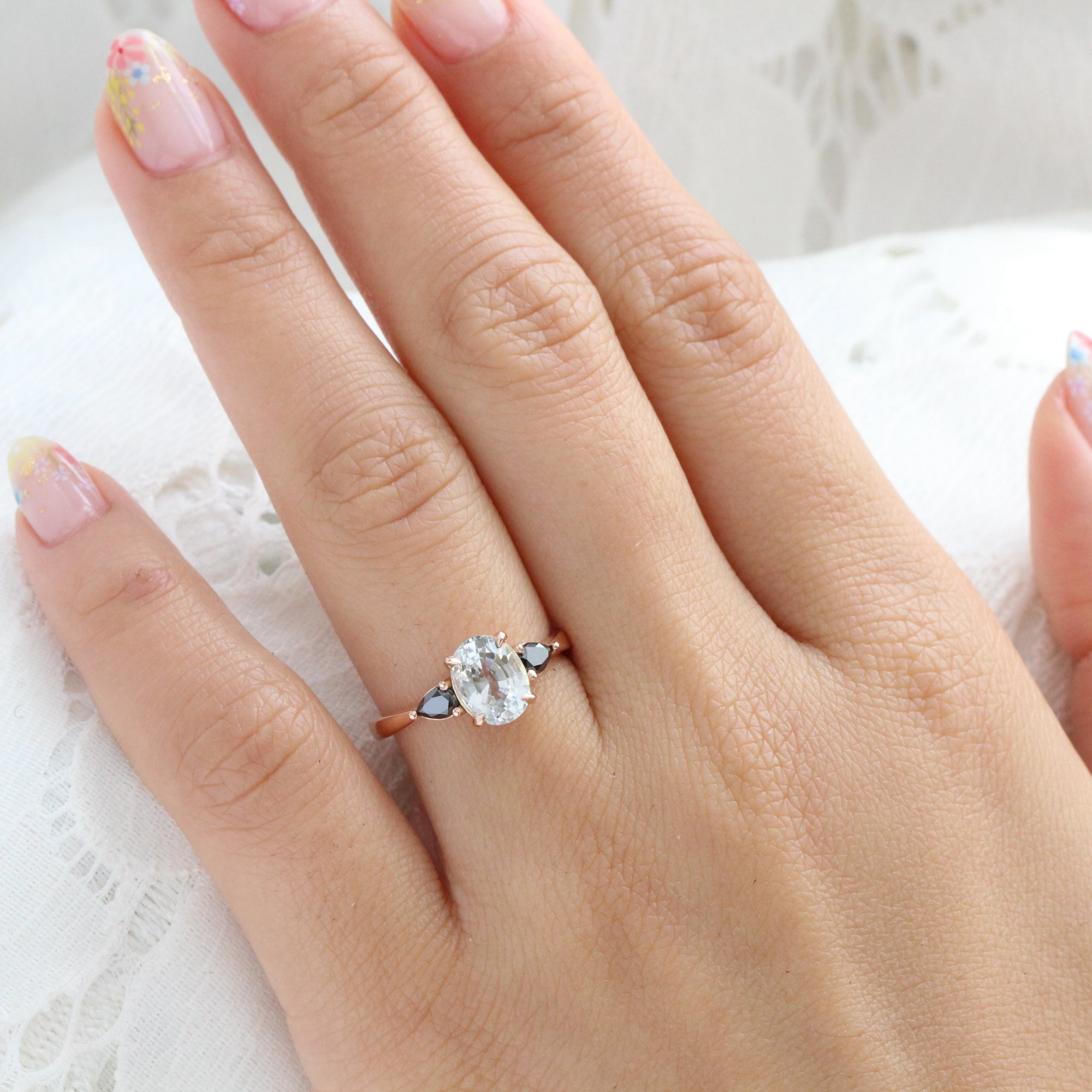 Oval White Sapphire Stone Ring Rose Gold with Pear Black