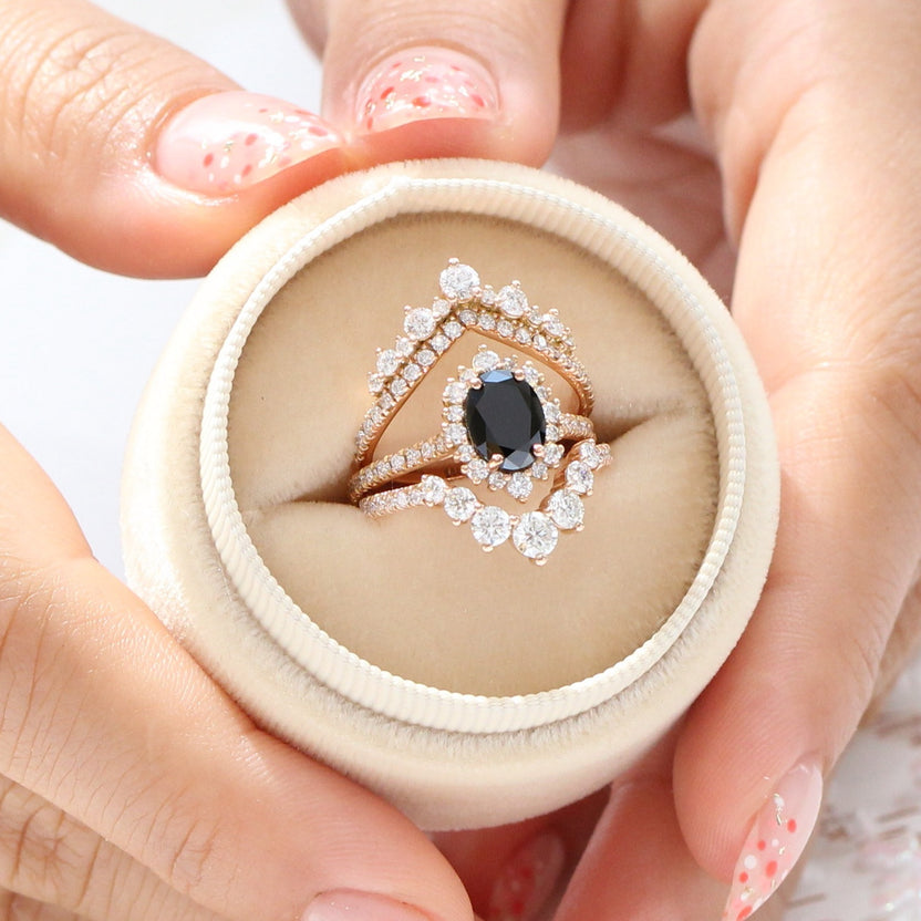 Oval Black Diamond Engagement Ring in Tiara Halo Diamond Scalloped Band