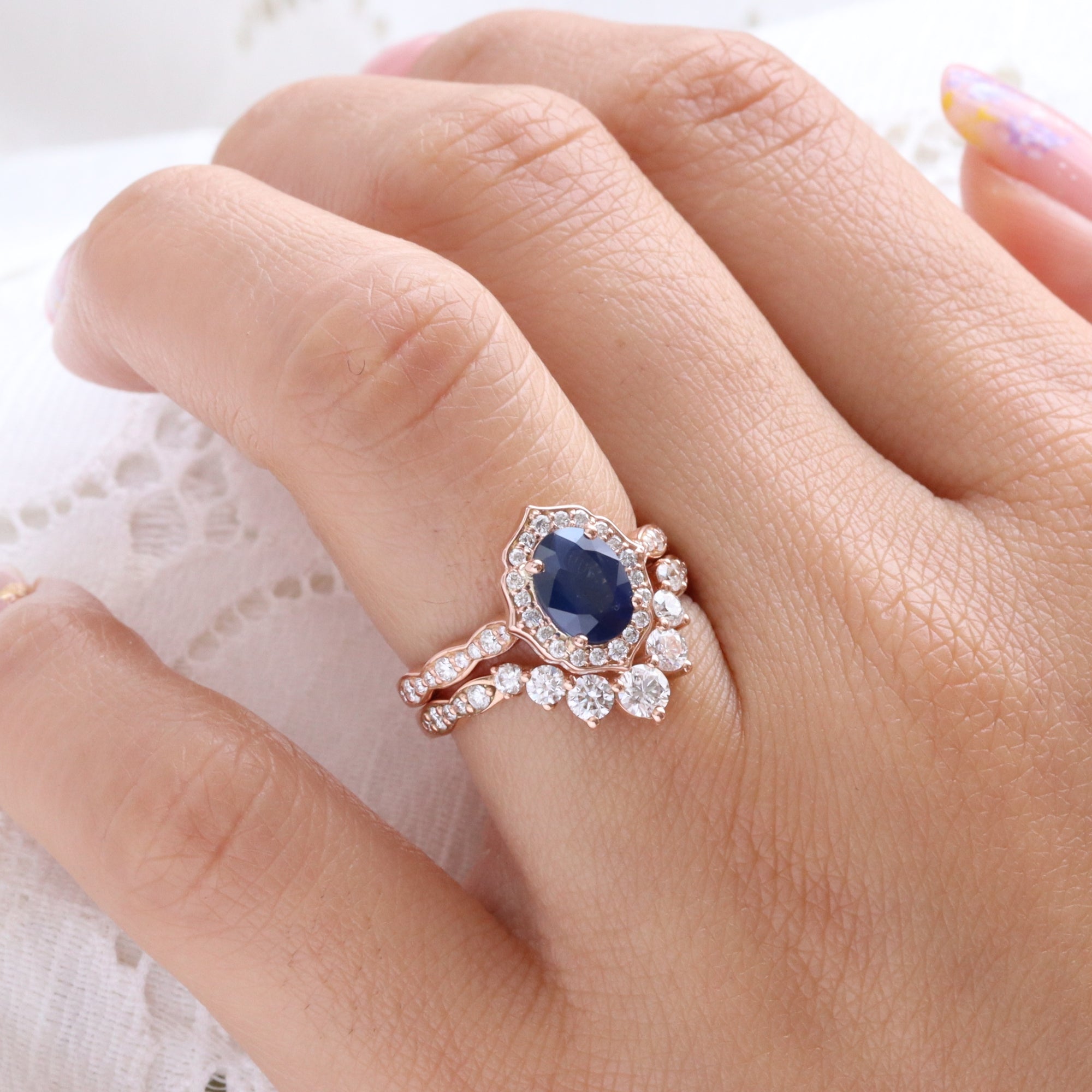 Australian Dark Blue Sapphire Ring Rose Gold Vintage Halo Diamond
