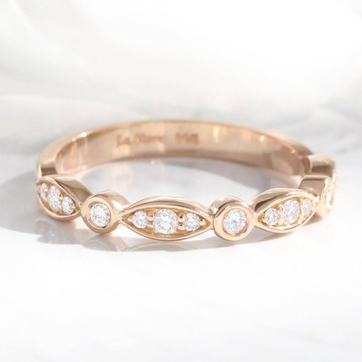 Bezel diamond wedding ring rose gold scalloped half eternity band la more design jewelry