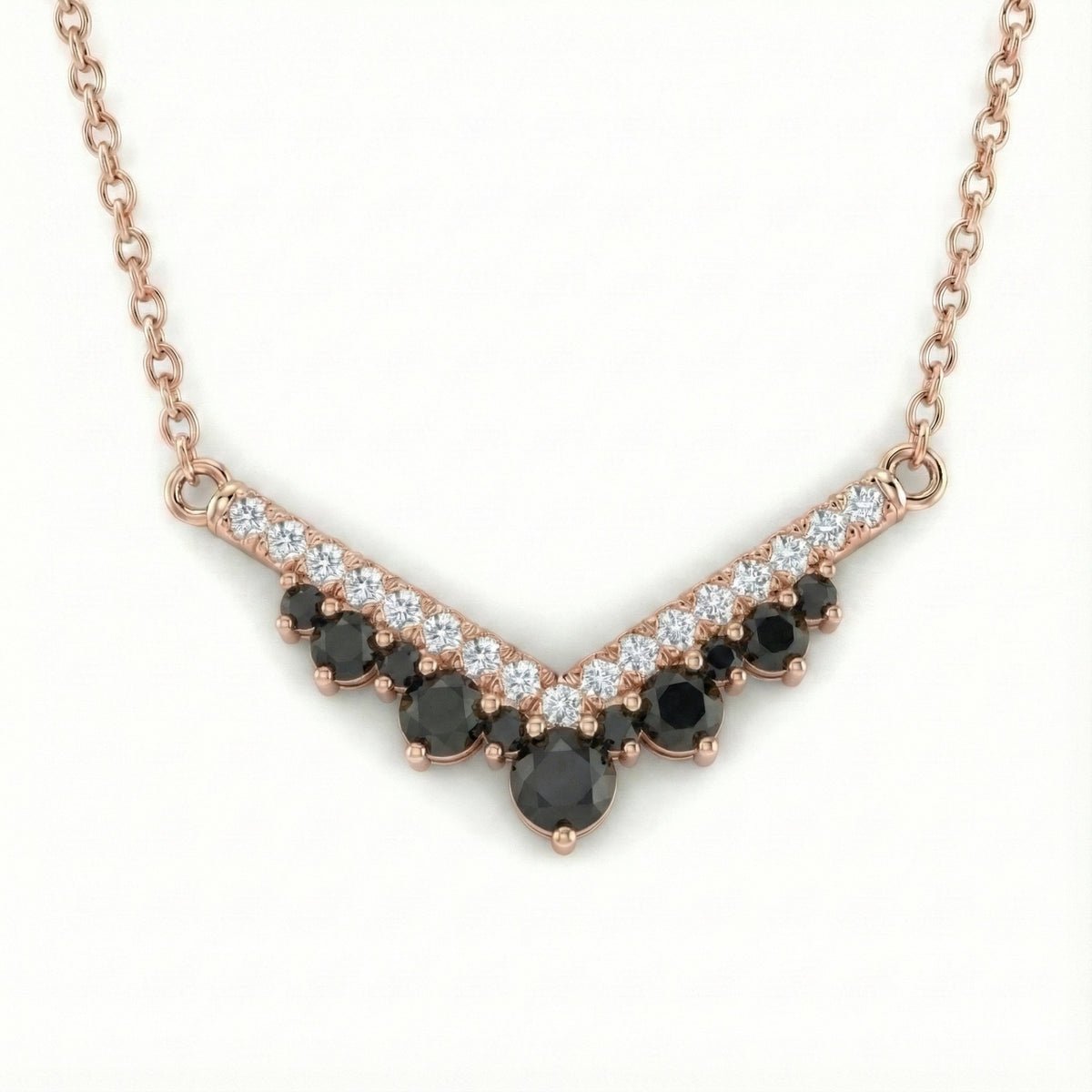 Chevron diamond necklace 14k rose gold pave black diamond pendant with gold chain by la more design jewelry