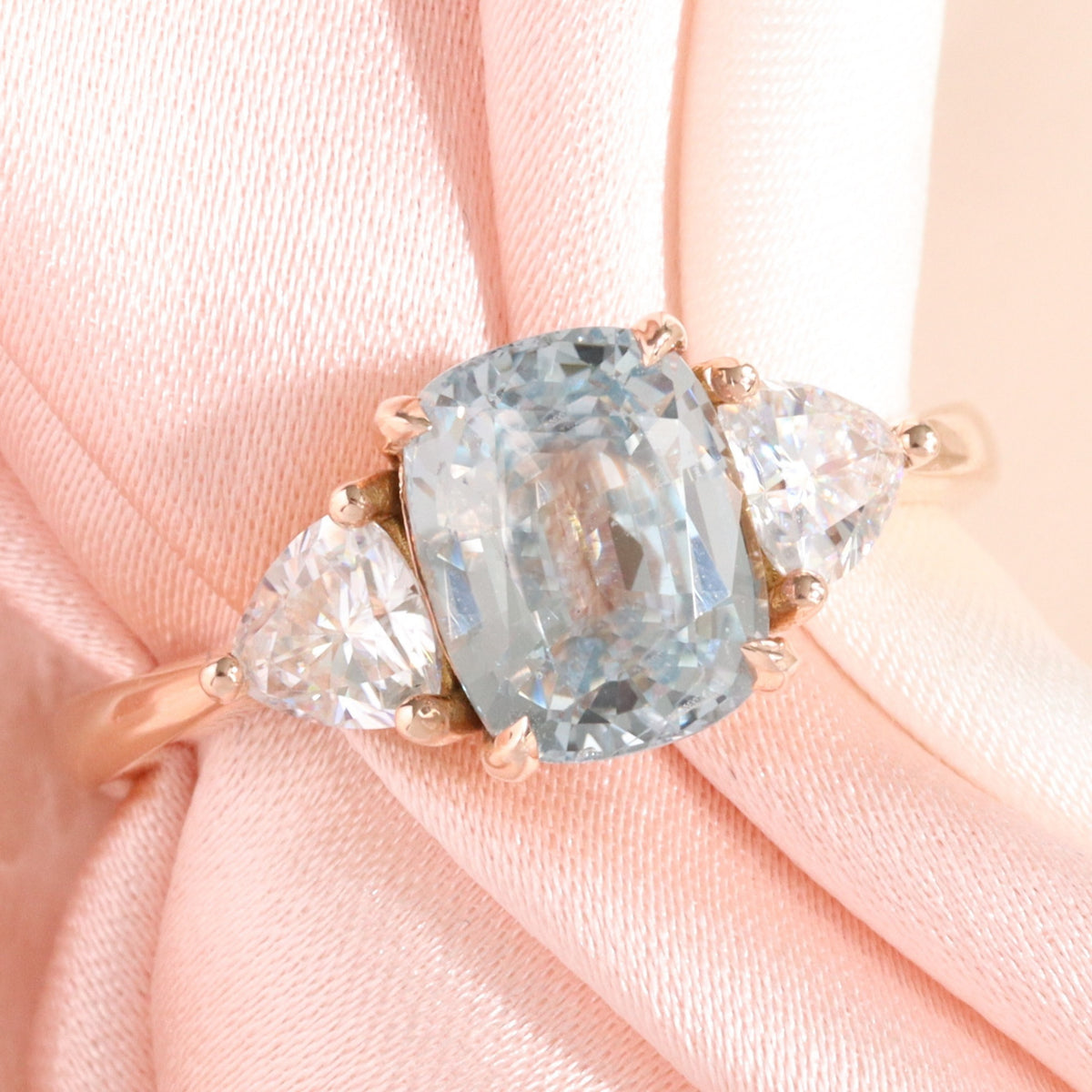 Cushion aqua blue sapphire ring rose gold 3 stone diamond ring la more design jewelry