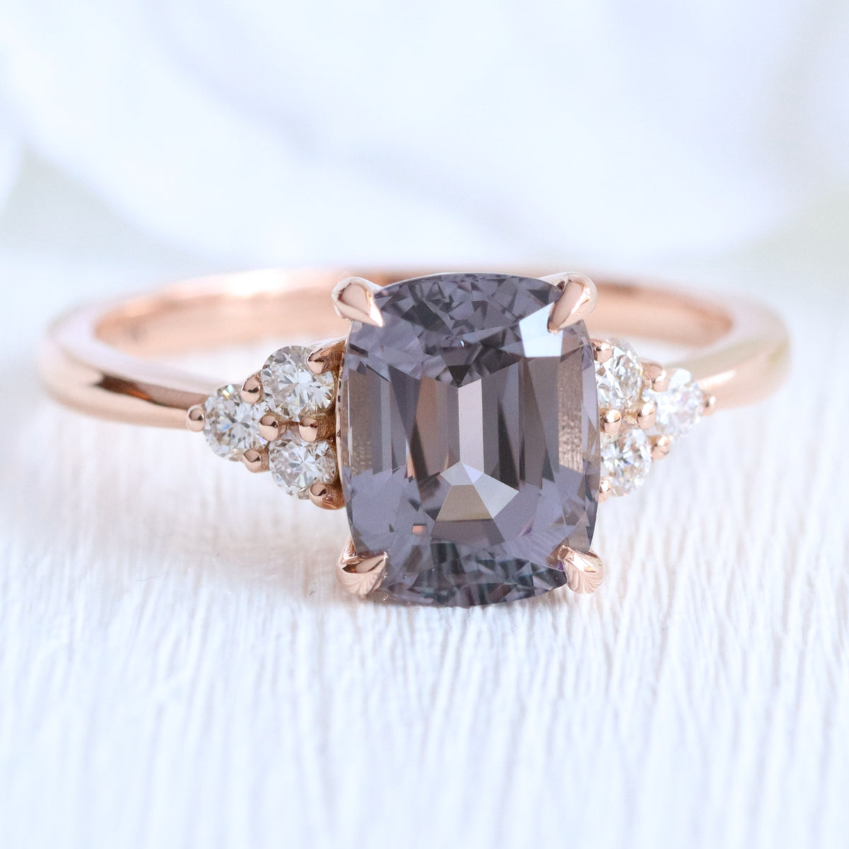 Cushion grey spinel diamond ring rose gold 3 stone engagement ring la more design jewelry