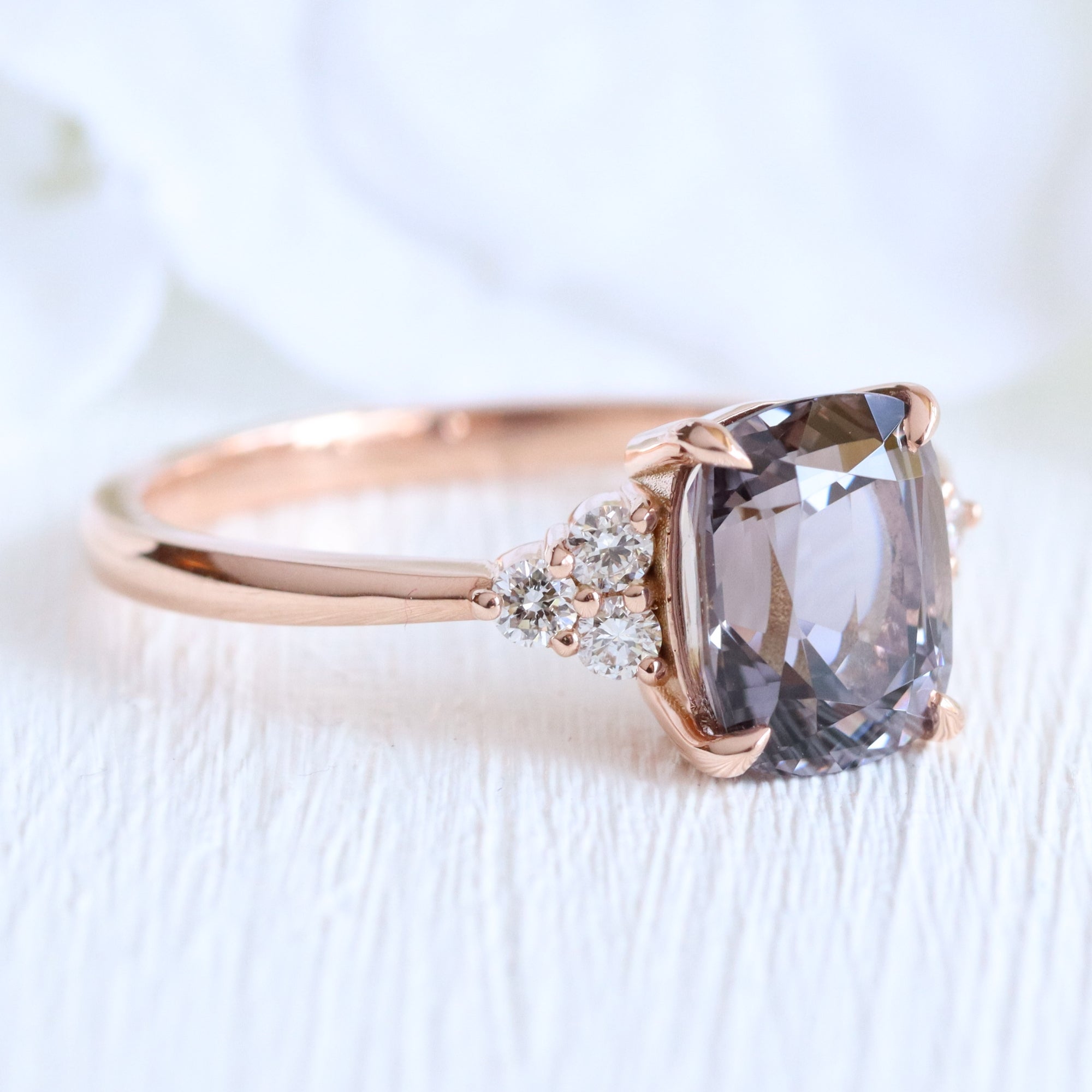 Cushion grey spinel diamond ring rose gold 3 stone engagement ring la more design jewelry