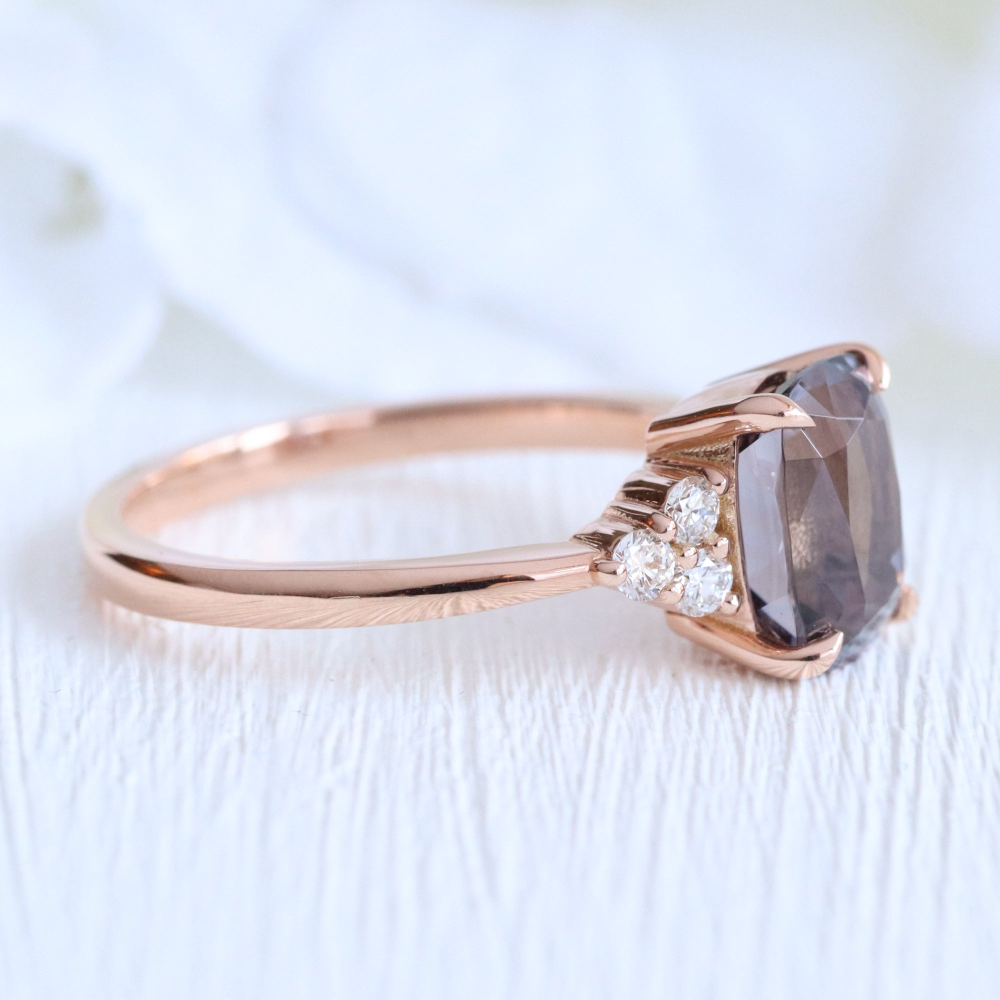 Cushion grey spinel diamond ring rose gold 3 stone engagement ring la more design jewelry