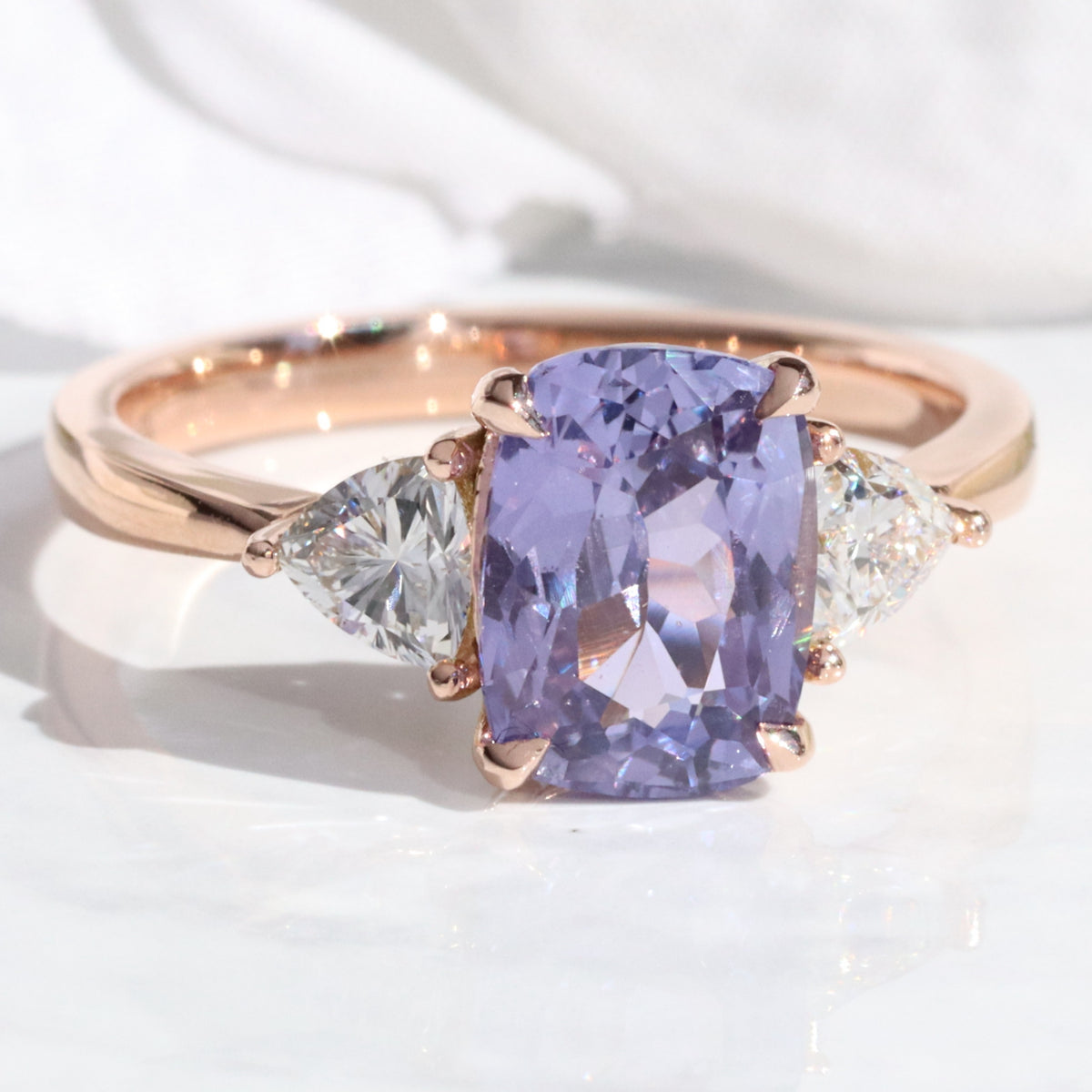 Cushion lavender purple sapphire ring rose gold 3 stone diamond ring la more design jewelry