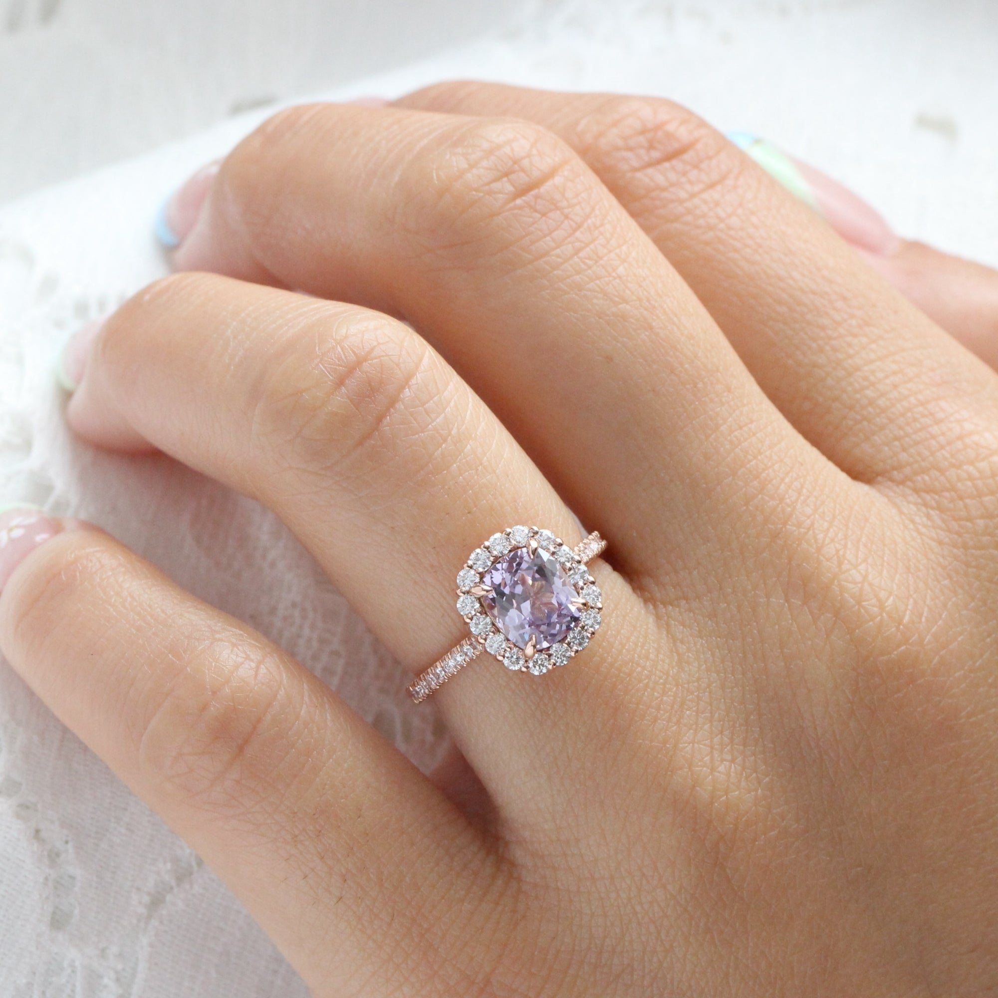 Cushion lavender sapphire ring rose gold halo diamond purple sapphire pave ring la more design jewelry