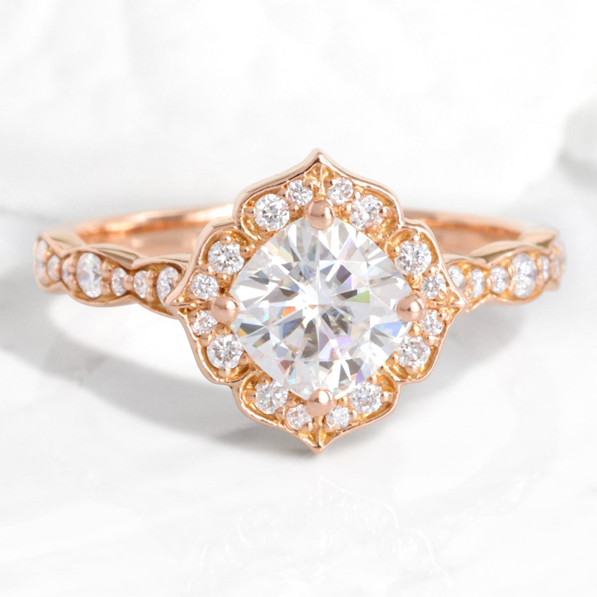vintage floral moissanite engagement ring rose gold scalloped diamond band by la more design jewelry