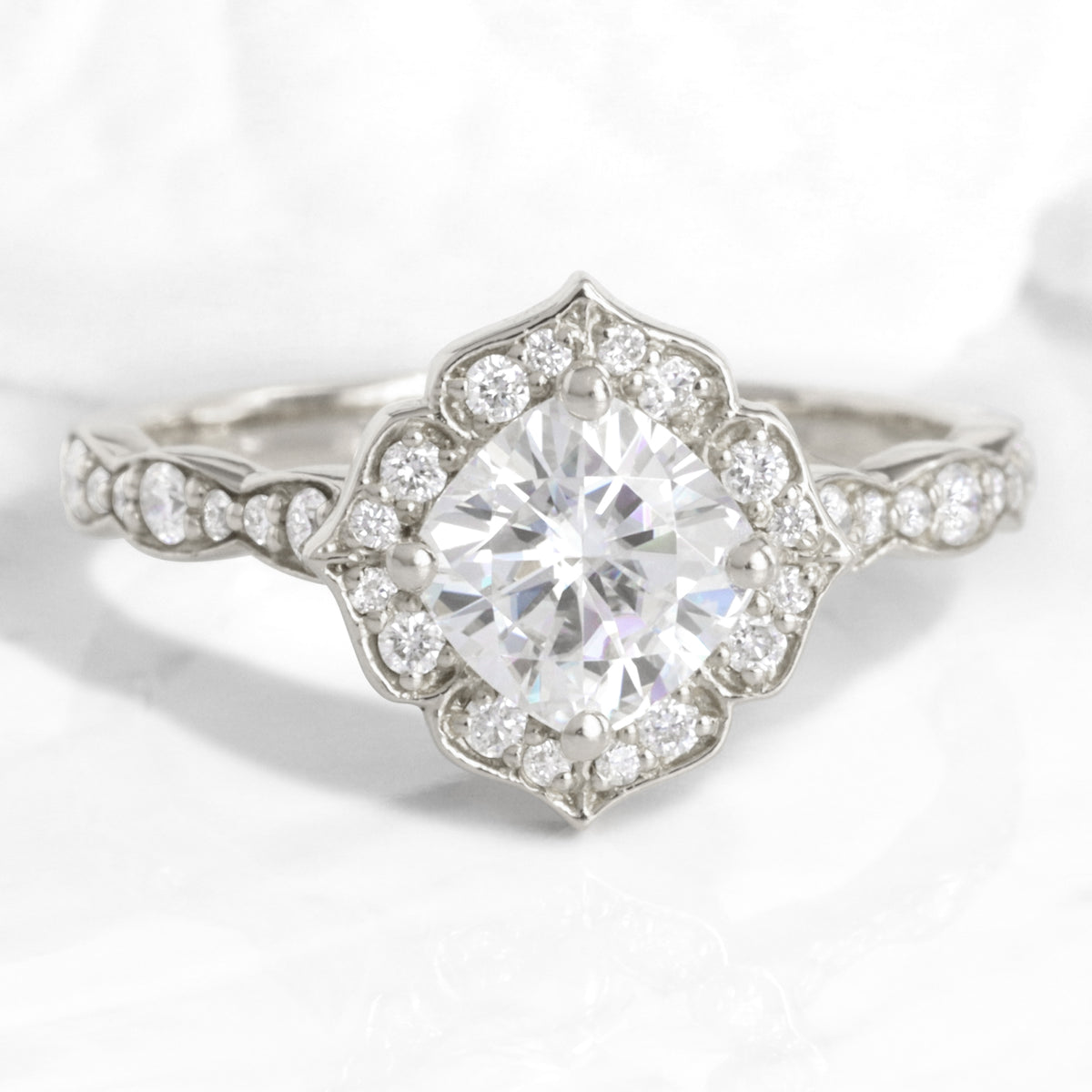 vintage floral moissanite engagement ring white gold scalloped diamond band by la more design jewelry
