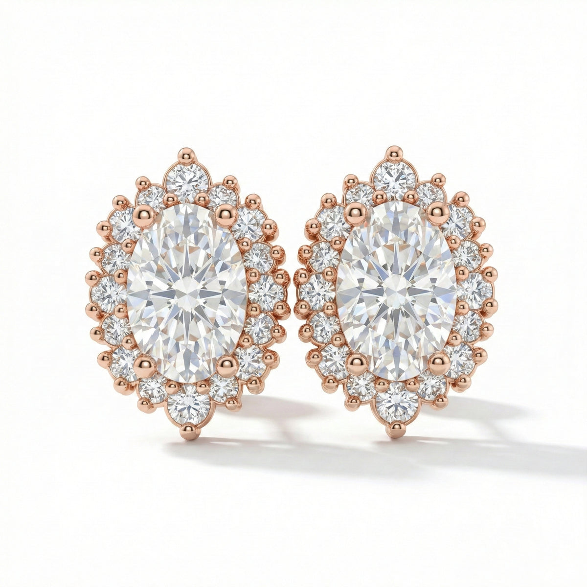 Tiara halo diamond oval moissanite earrings rose gold diamond studs la more design jewelry