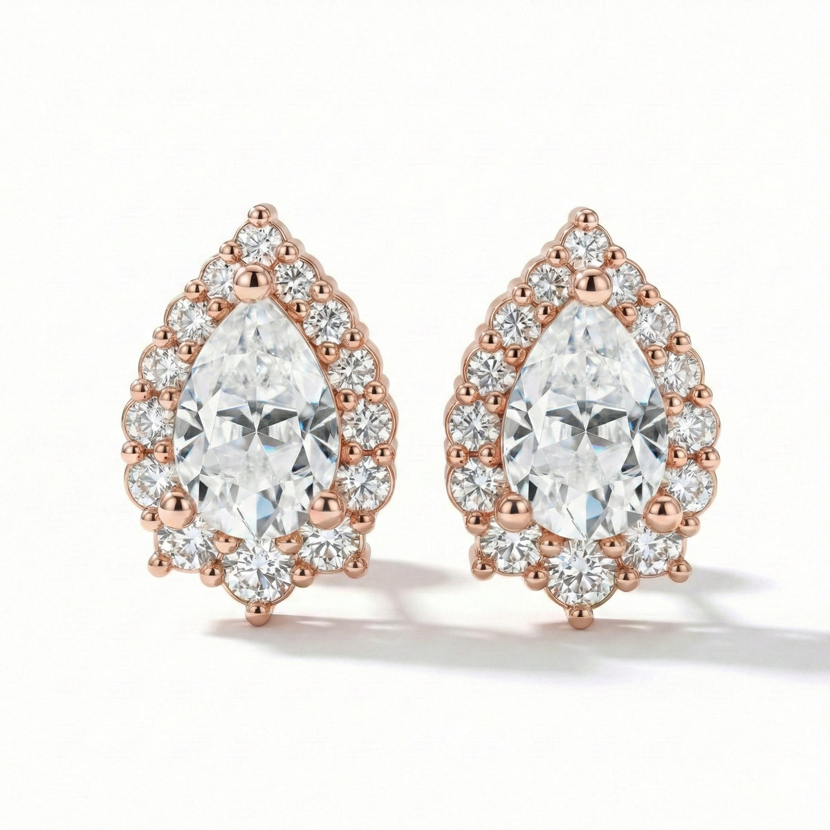 Tiara halo diamond pear moissanite earrings rose gold diamond studs la more design jewelry