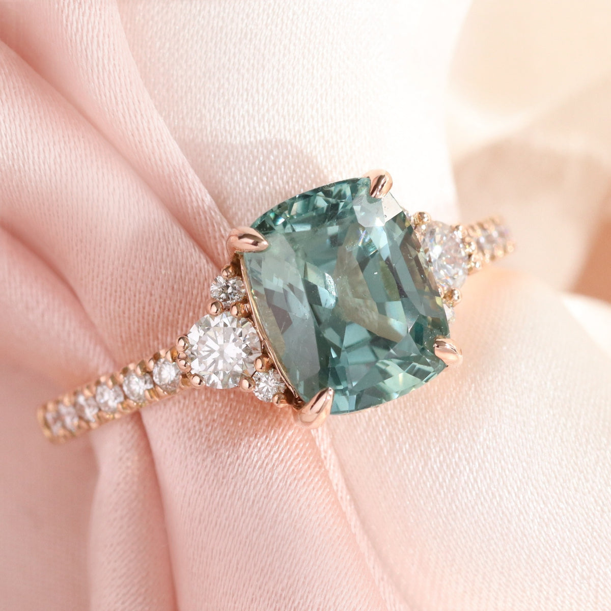 Elongated cushion sapphire engagement ring rose gold green sapphire diamond 3 stone ring la more design jewelry