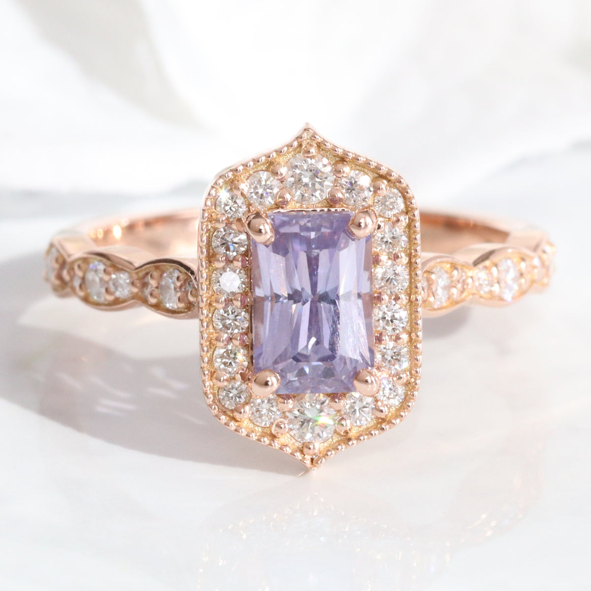 Emerald cut lavender sapphire ring rose gold vintage halo diamond purple sapphire ring la more design jewelry