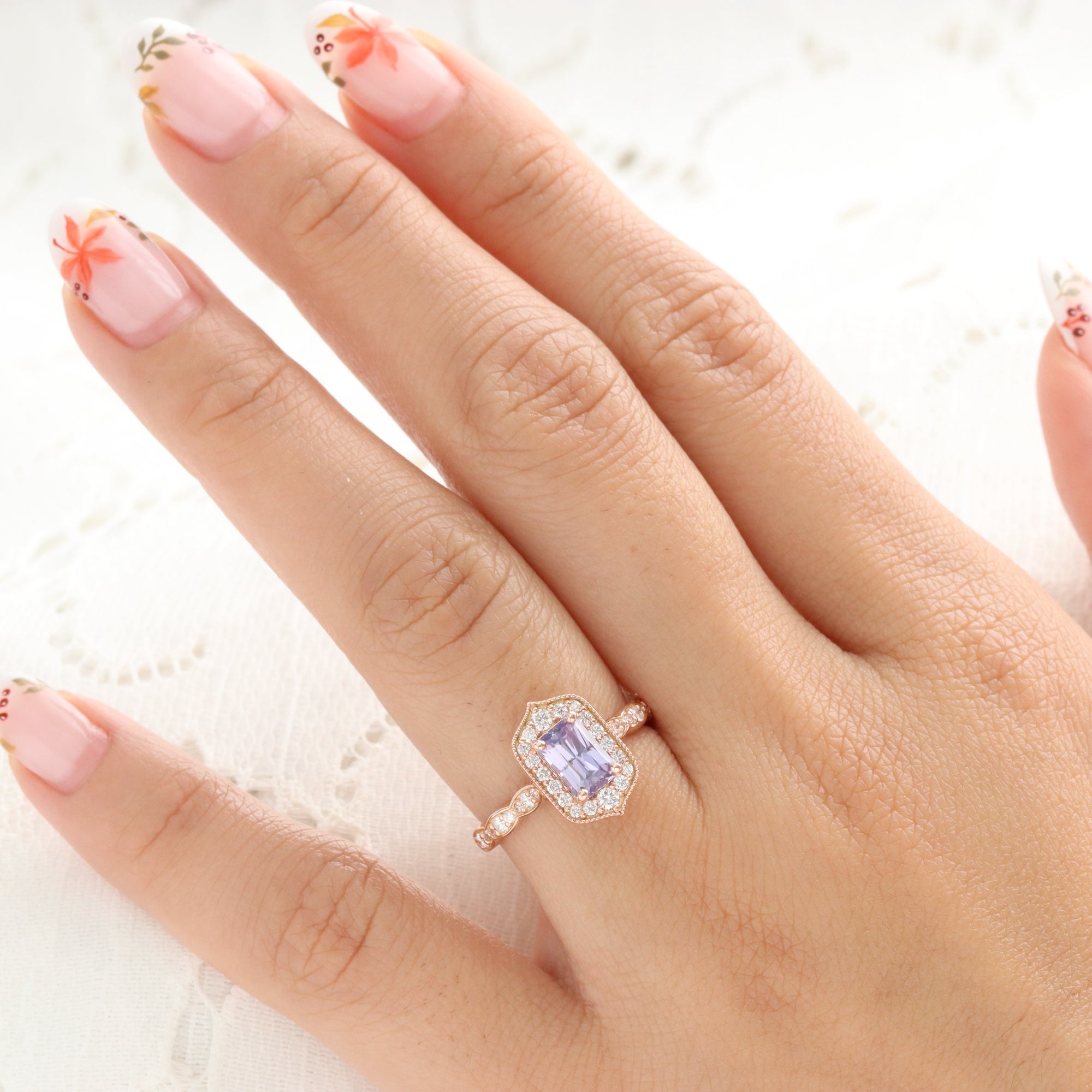 Emerald Cut Lavender Sapphire Ring Rose Gold Vintage Halo Diamond
