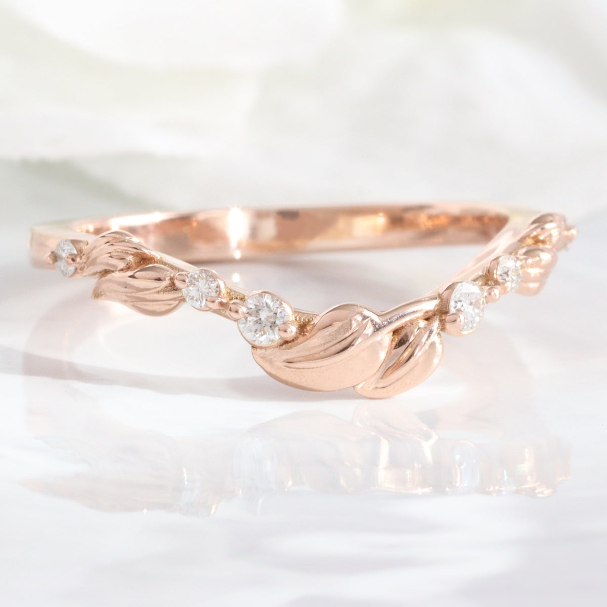 Floral Leaf Diamond Wedding Ring Rose Gold U Shaped Contour Wedding Band La More Design Jewelry
