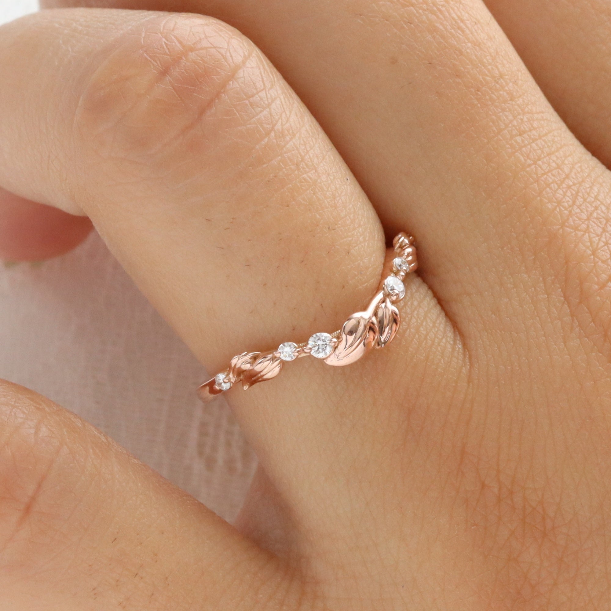 Floral Leaf Diamond Wedding Ring Rose Gold Contour Wedding Band