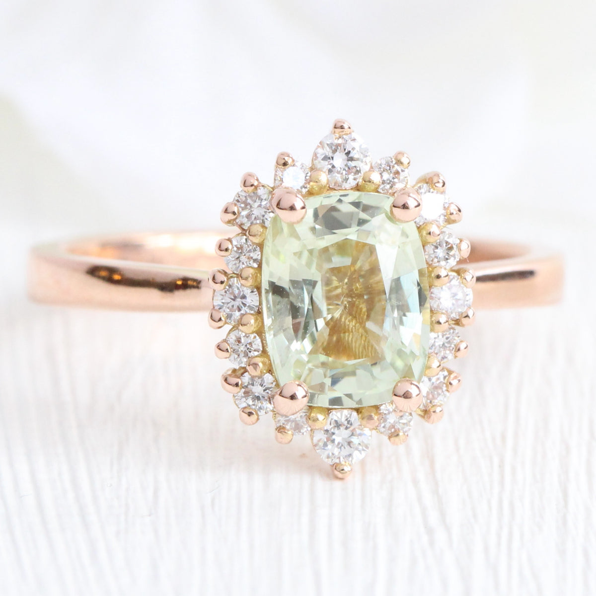 Halo diamond sea foam green sapphire ring rose gold cushion sapphire ring la more design jewelry