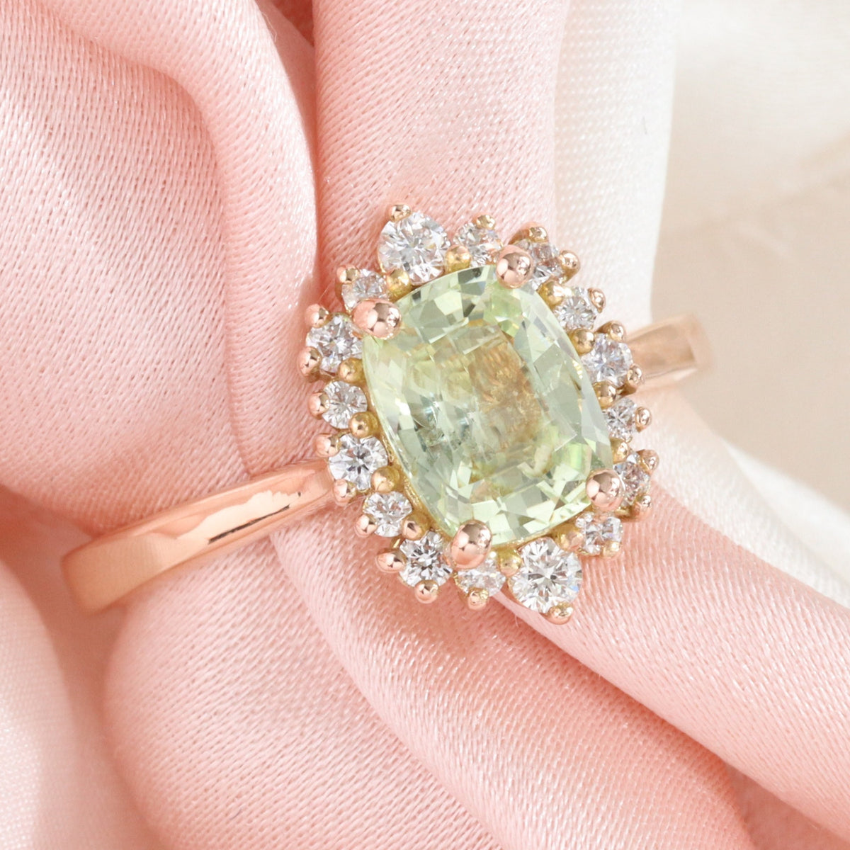 Halo diamond sea foam green sapphire ring rose gold cushion sapphire ring la more design jewelry