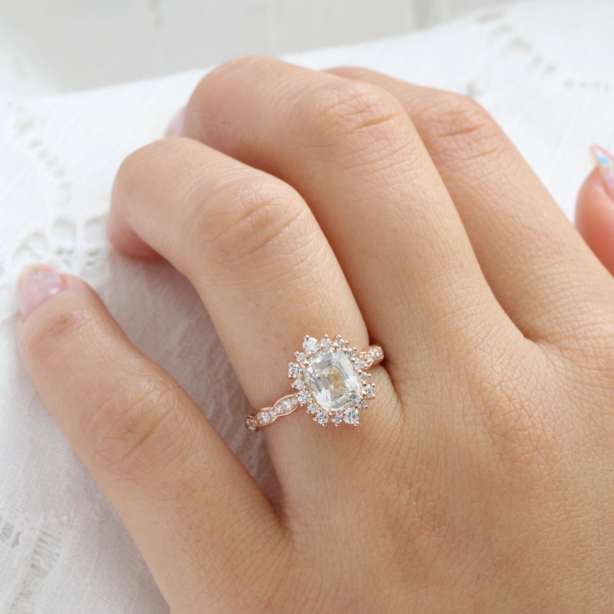 Rose Gold Pale Sapphire Engagement Rings Unique Cushion White