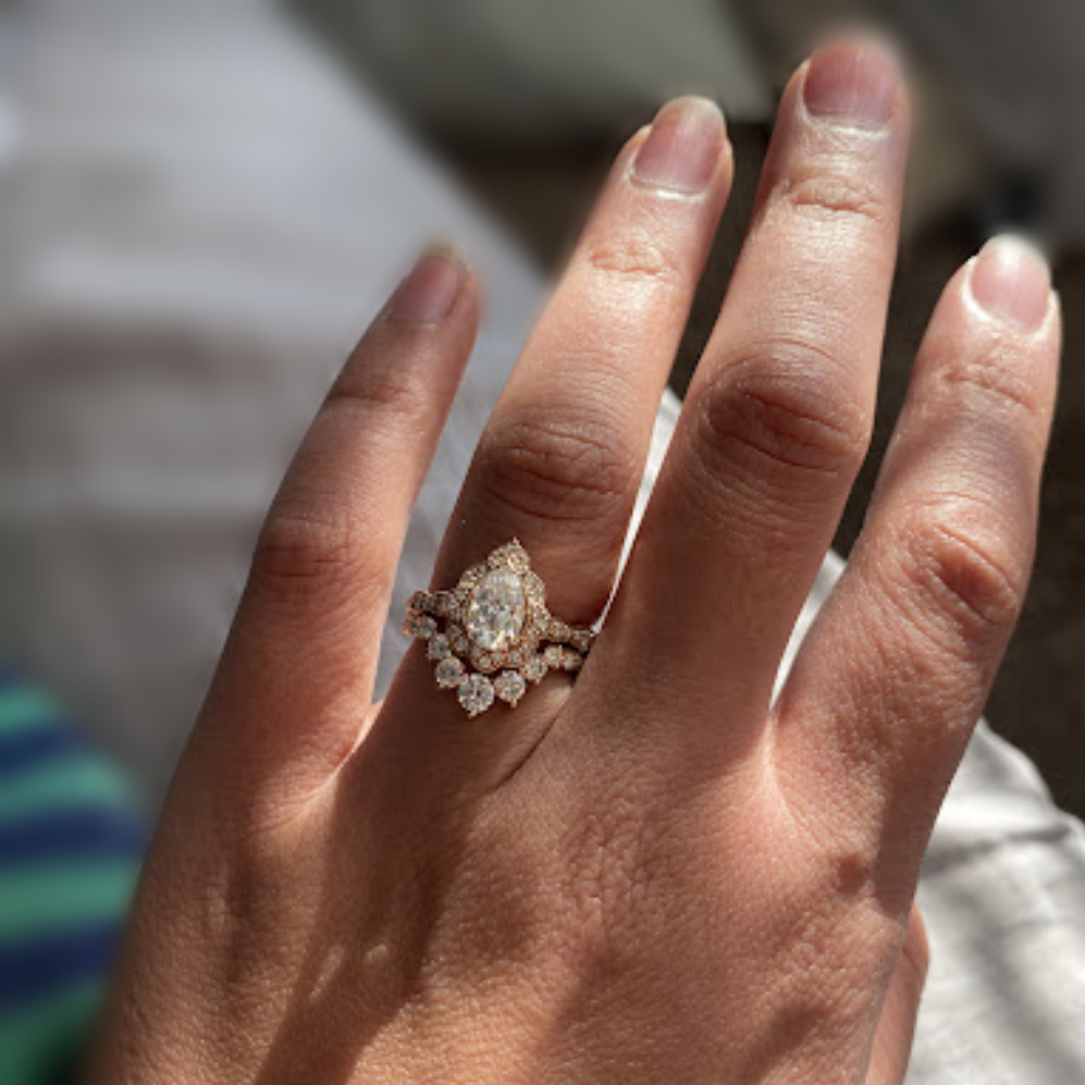 La More Design reviews, testimonials from lamoredesign jewelry happy customers, vintage halo diamond pear engagement ring stack rose gold