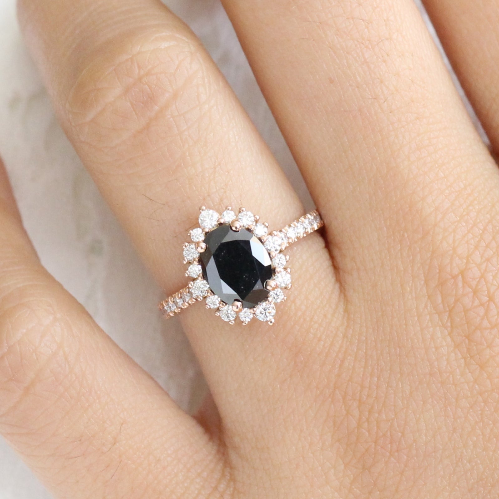 Large Oval Black Diamond Engagement Ring Rose Gold Halo Cluster