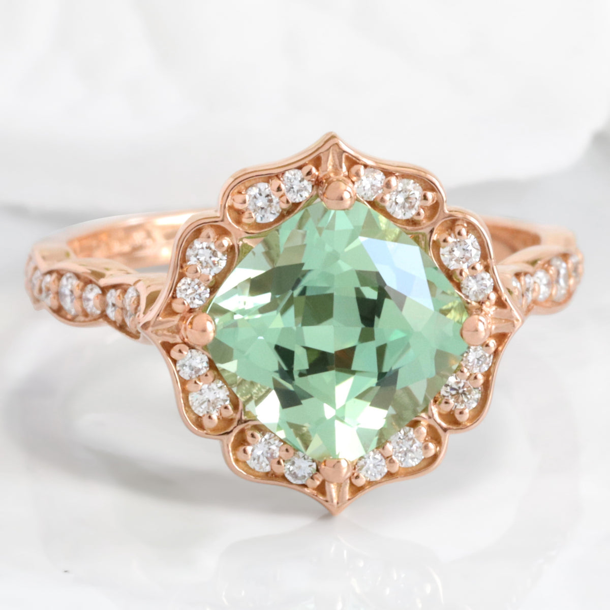 Large cushion green sapphire ring rose gold vintage halo diamond sapphire ring la more design jewelry