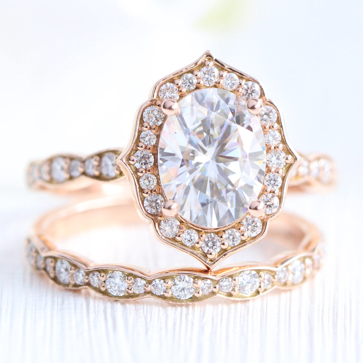 Vintage style moissanite diamond engagement ring rose gold bridal set by la more design jewelry