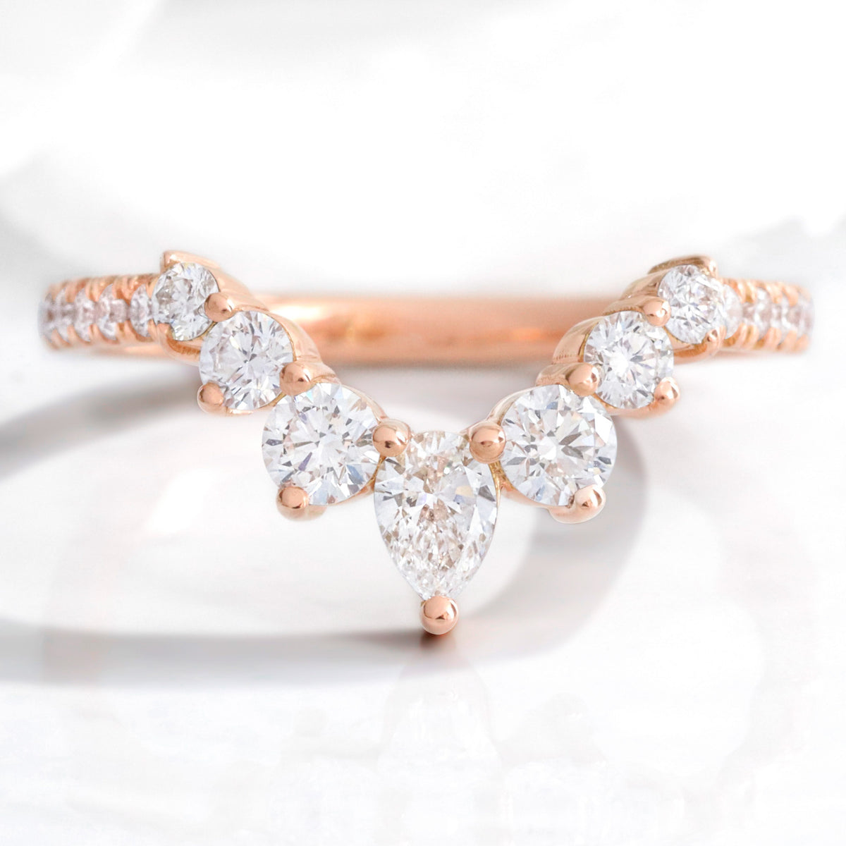 Large pear and round diamond wedding ring rose gold deep curved pave wedding band la more design jewelry