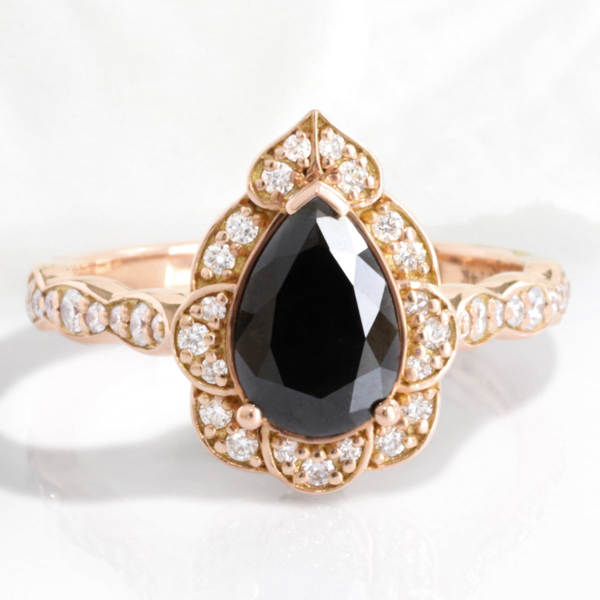 Large pear black diamond engagement ring rose gold vintage halo black diamond ring la more design jewelry