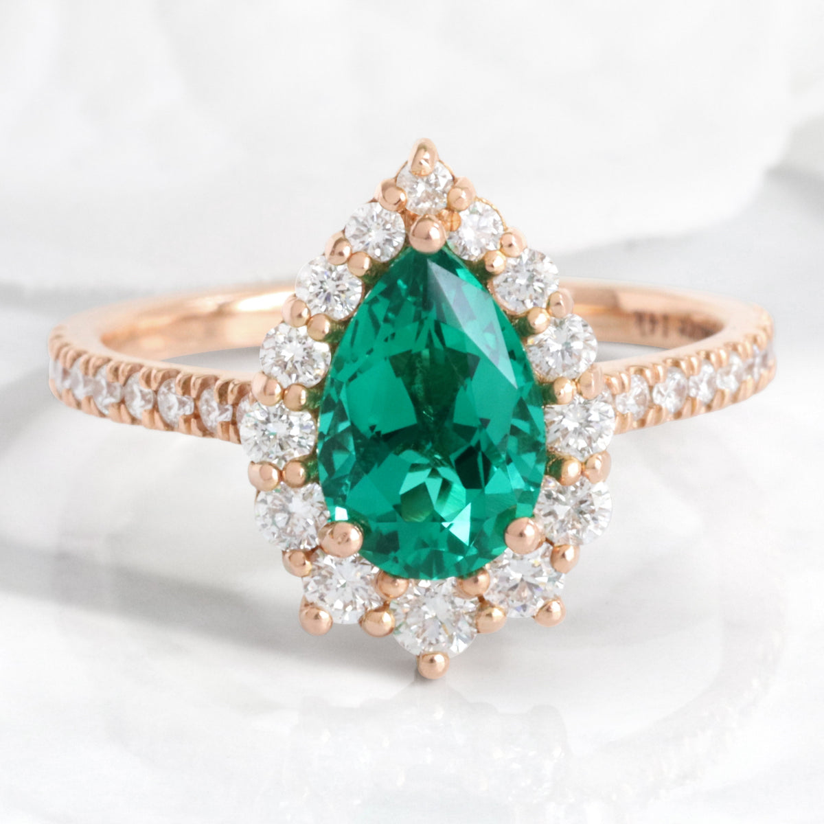 Large pear emerald engagement ring rose gold halo diamond emerald ring green cluster ring la more design jewelry