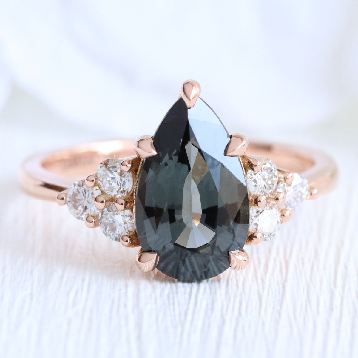 Large pear grey spinel diamond ring rose gold 3 stone engagement ring la more design jewelry