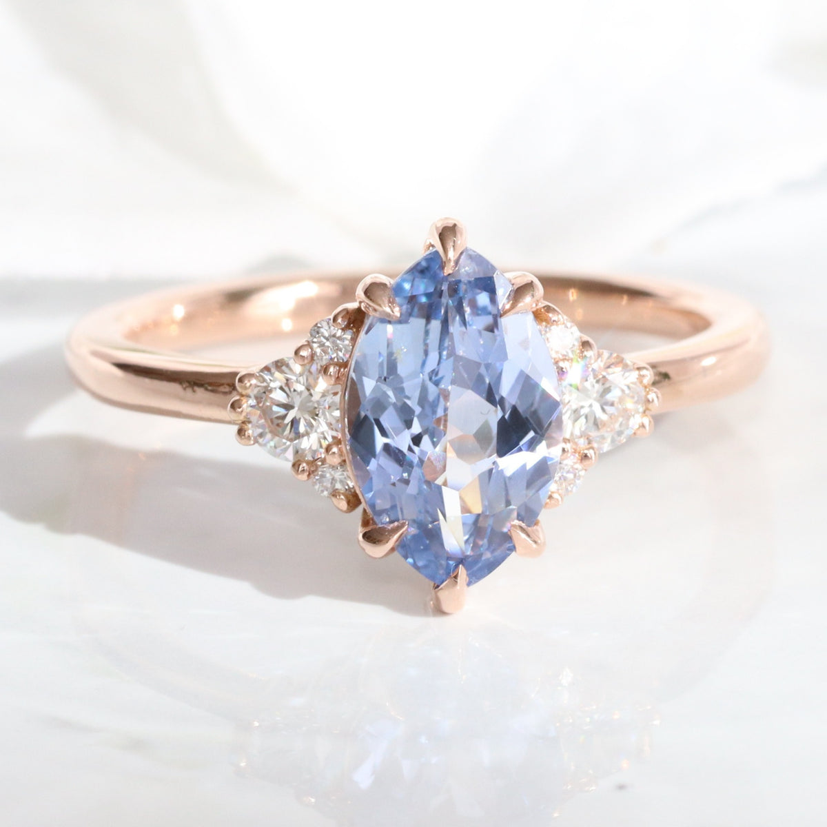 Marquise Aqua Blue Sapphire Ring Rose Gold 3 Stone Diamond Cluster Ring la more design jewelry