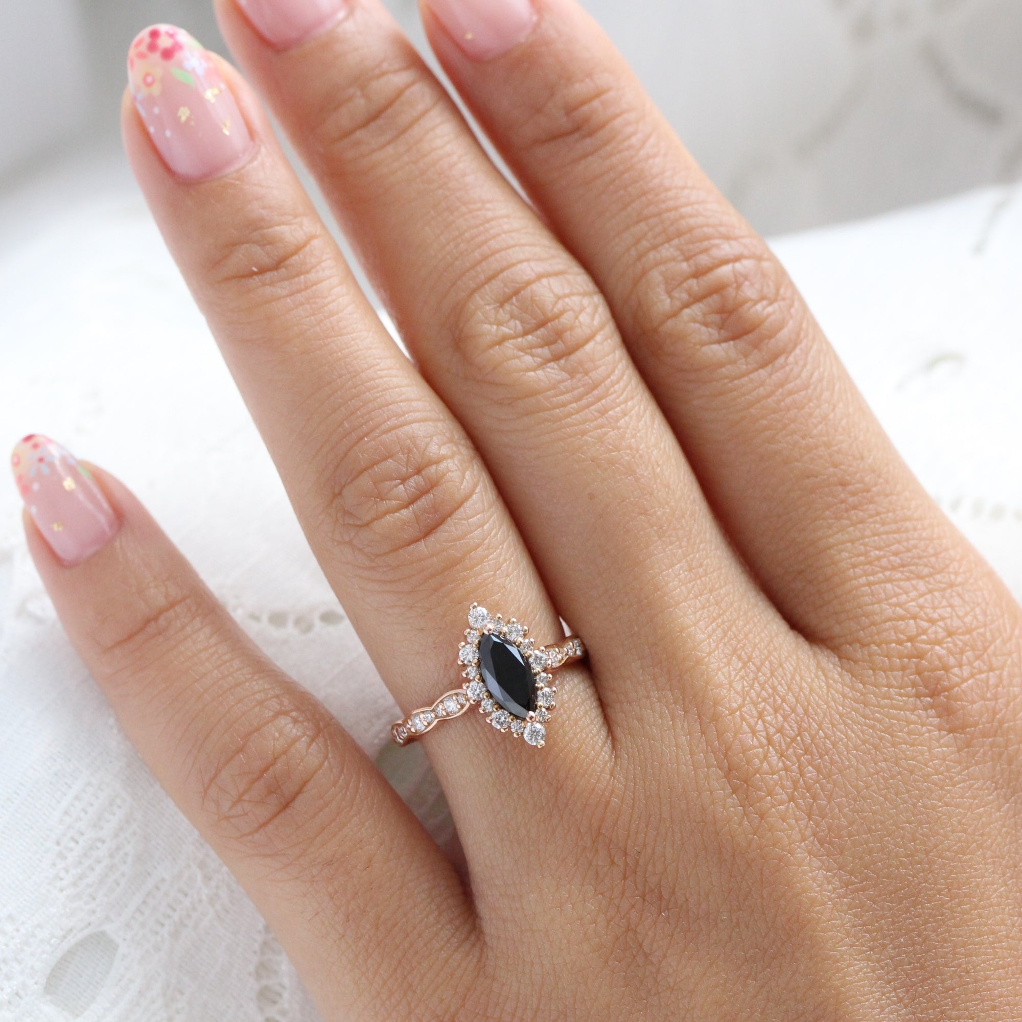 Unique Marquise Black Diamond Engagement Ring 14k Rose Gold Halo