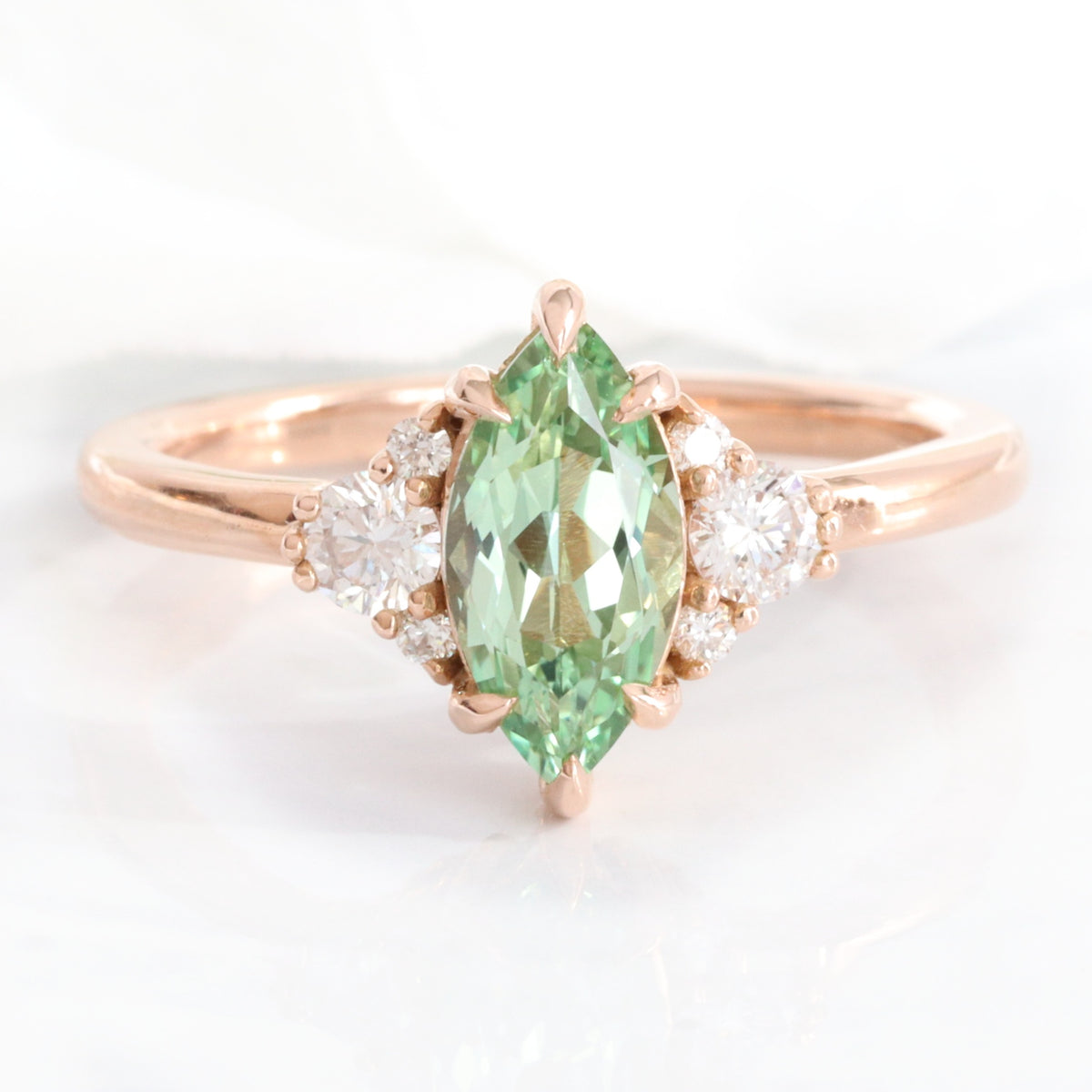 Marquise green sapphire ring rose gold green sapphire diamond 3 stone ring Mint green sapphire cluster ring la more design jewelry