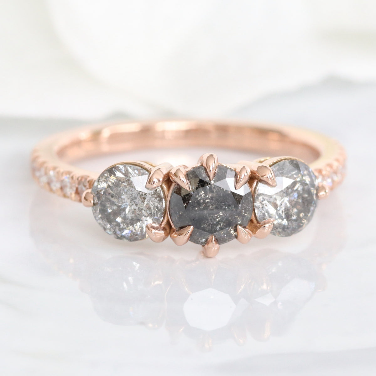 Natural Salt and Pepper Diamond Ring Rose Gold Grey Diamond 3 Stone Ring la more design jewelry