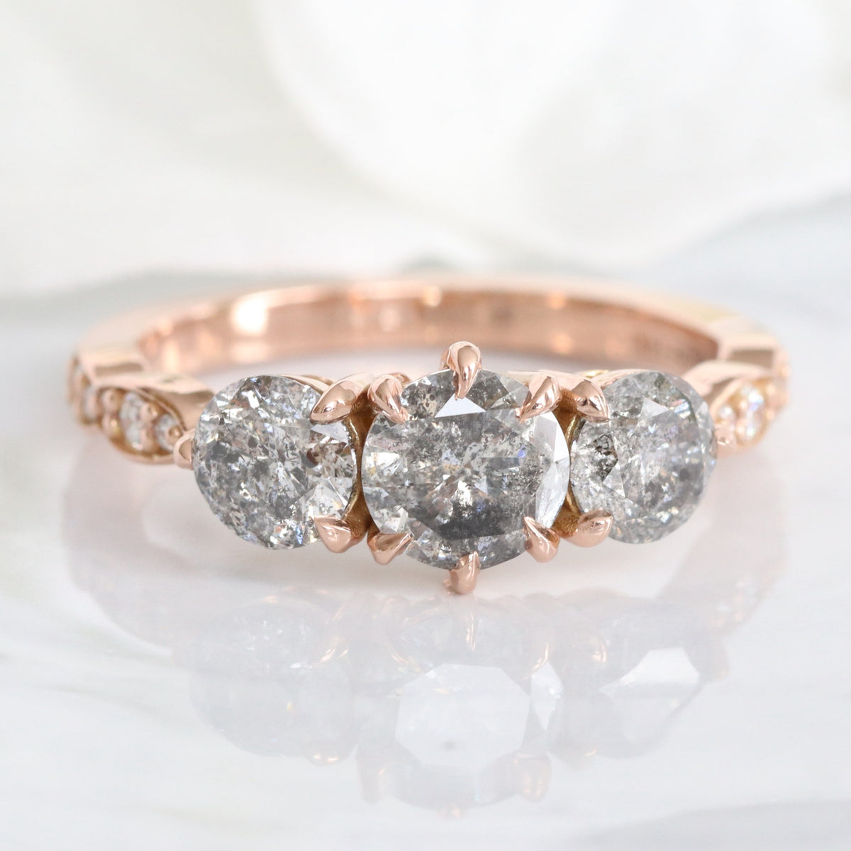 Natural Salt and Pepper Diamond Ring Rose Gold Grey Diamond 3 Stone Ring la more design jewelry