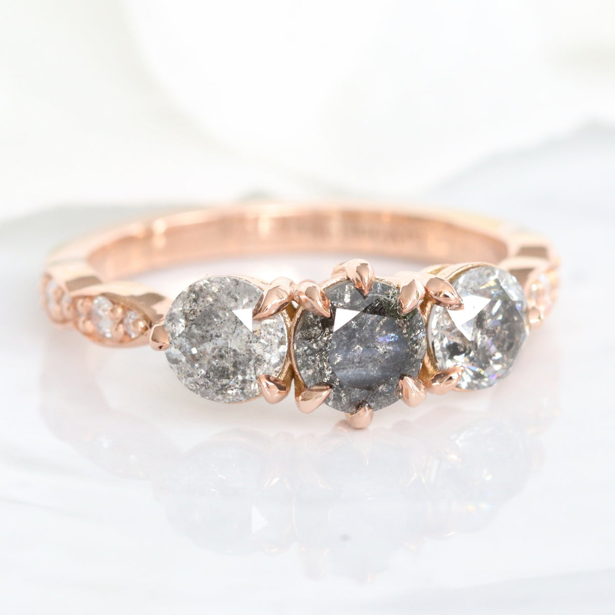 Natural Salt and Pepper Diamond Ring Rose Gold Grey Diamond 3 Stone Ring la more design jewelry