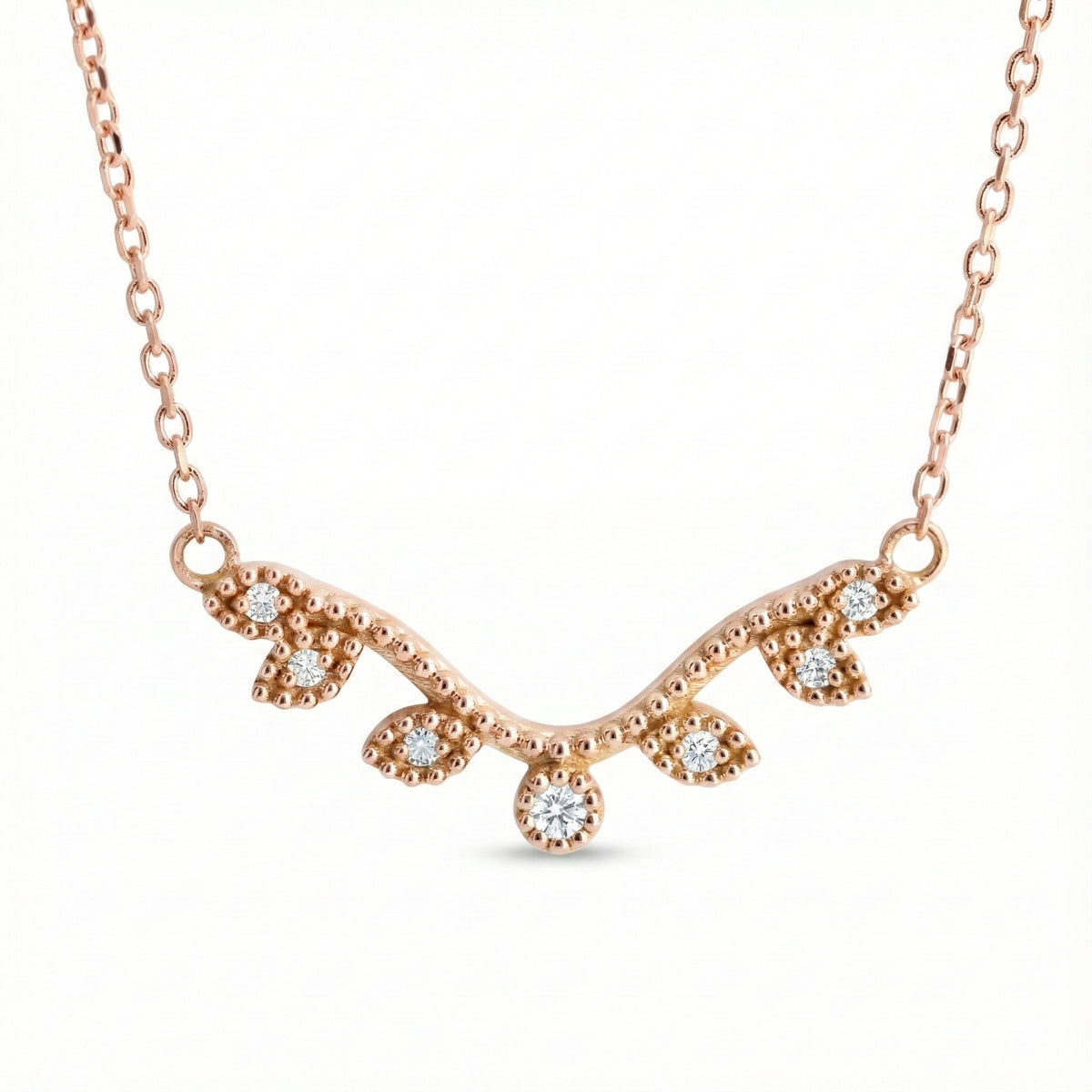 Natural inspired leaf diamond necklace rose gold curved pendant gold chain La More Design Jewelry