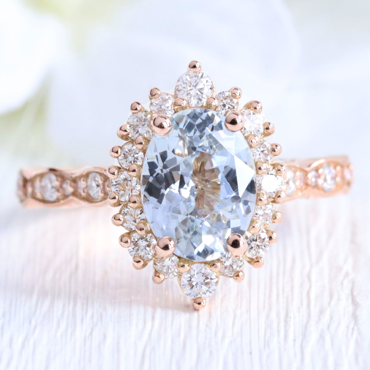Oval aqua blue sapphire ring rose gold halo diamond sapphire engagement ring la more design jewelry