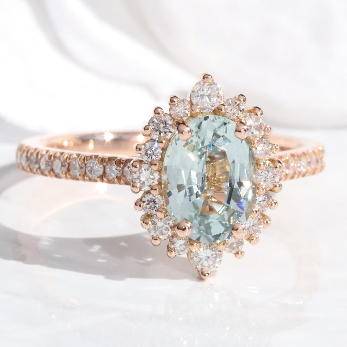 Oval aqua green sapphire ring rose gold halo diamond sapphire engagement ring la more design jewelry
