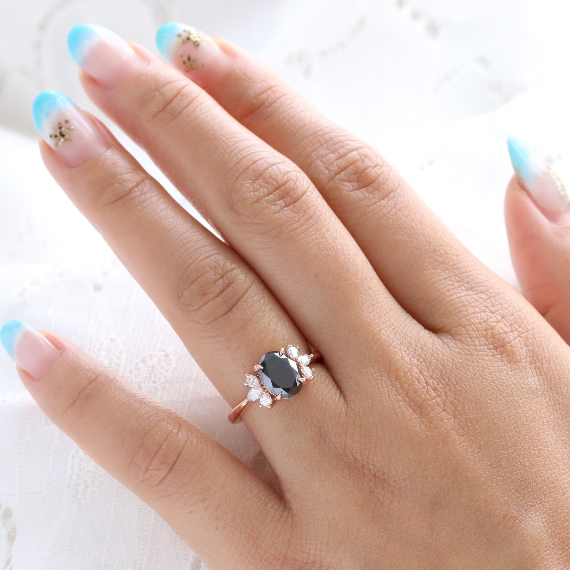 Three Stone Black Diamond Ring 14k Rose Gold Oval Black Diamond