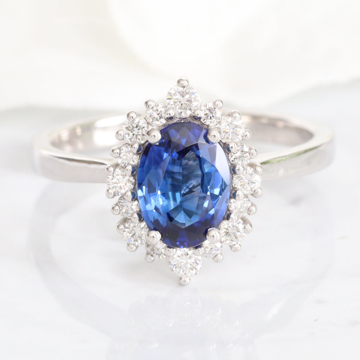 Oval blue sapphire engagement ring white gold halo diamond sapphire ring la more design jewelry