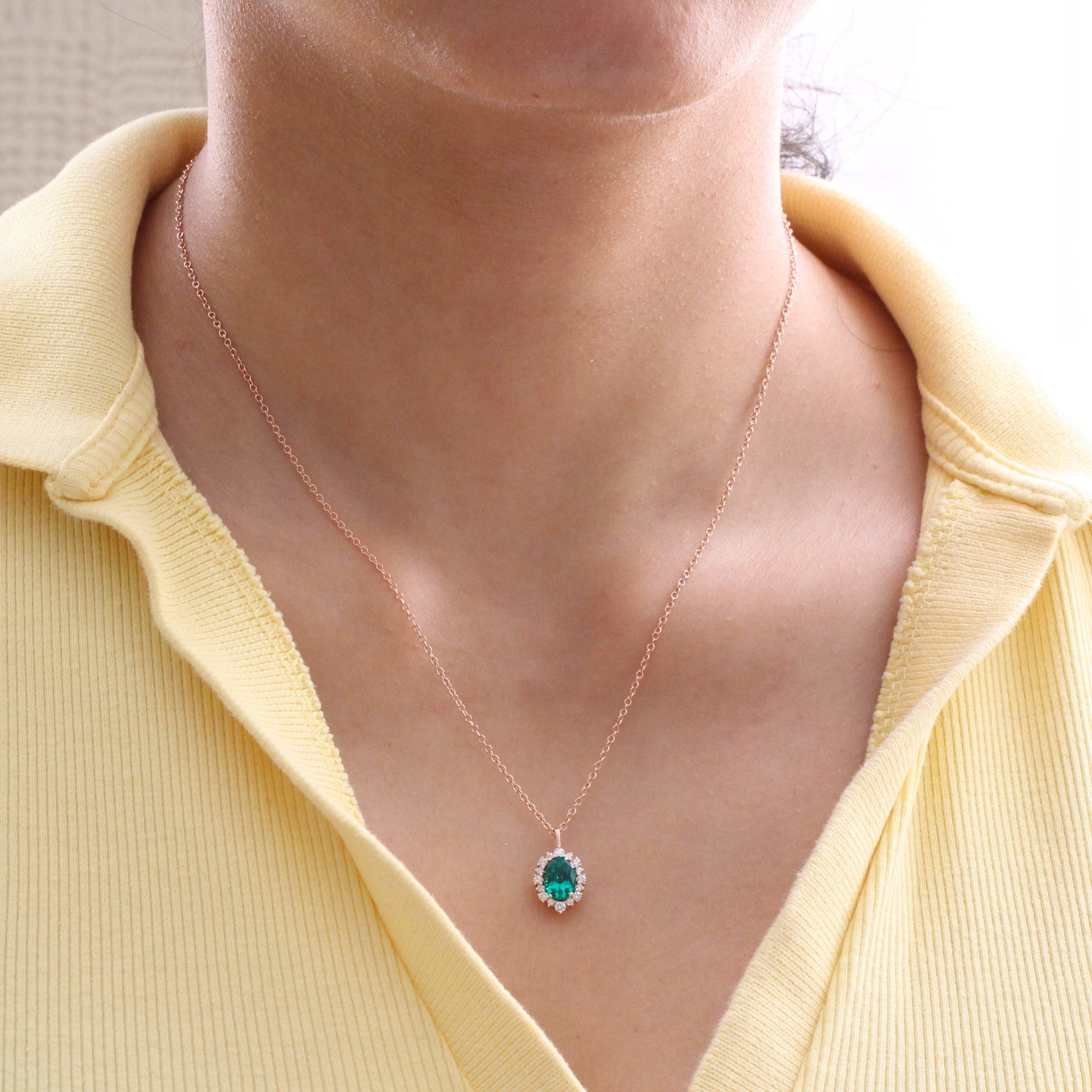 Oval emerald necklace rose gold emerald halo diamond drop pendant necklace la more design jewelry