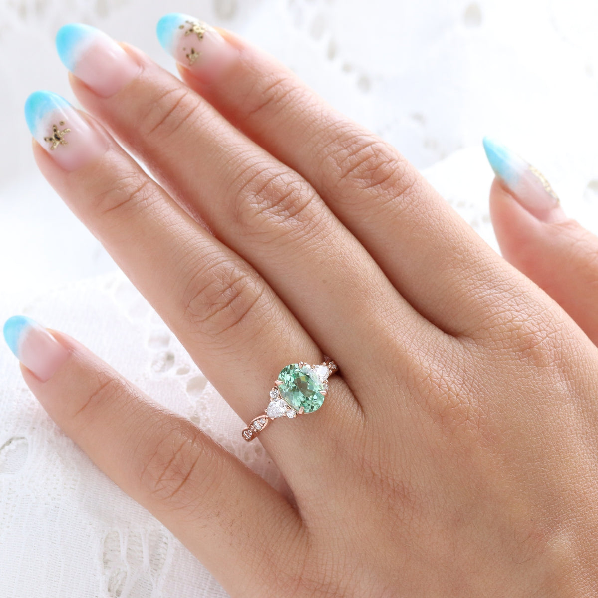 Green Sapphire Three Stone Ring Rose Gold Oval Sapphire Diamond  display picture 1