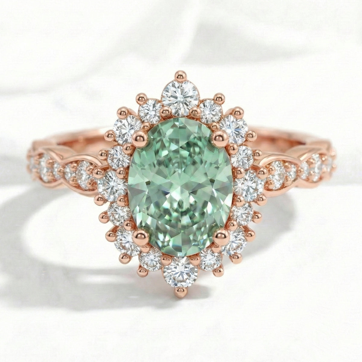 Oval green sapphire engagement ring rose gold halo diamond sapphire ring la more design jewelry
