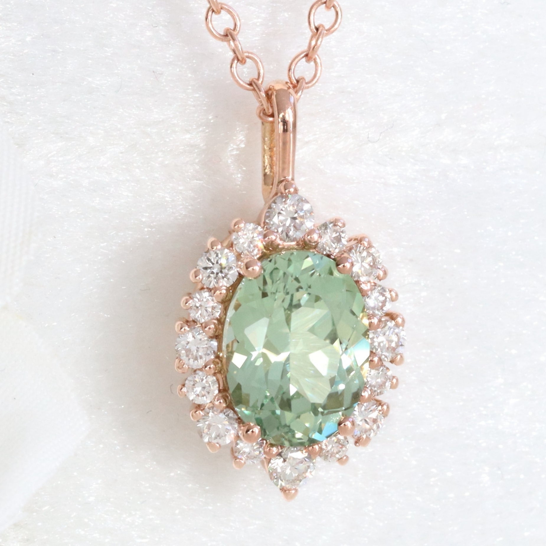Oval Green Sapphire Necklace Rose Gold Halo Diamond Sapphire
