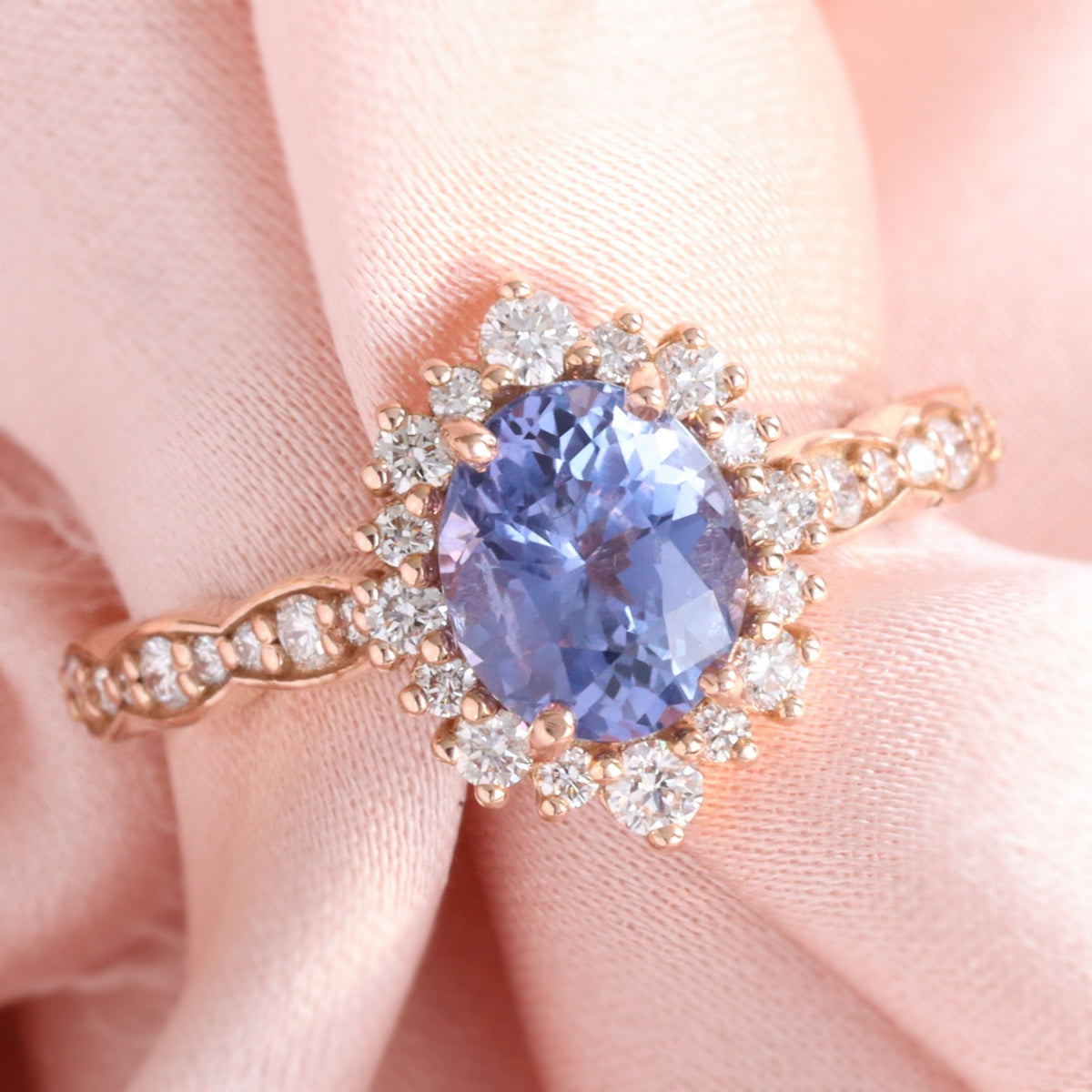 Oval lavender purple sapphire engagement ring rose gold halo diamond sapphire ring la more design jewelry