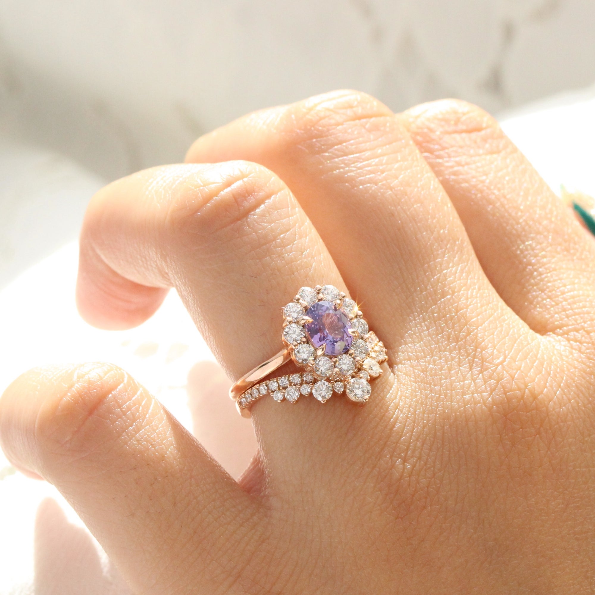 Oval lavender purple sapphire ring rose gold large diamond halo sapphire ring la more design jewelry